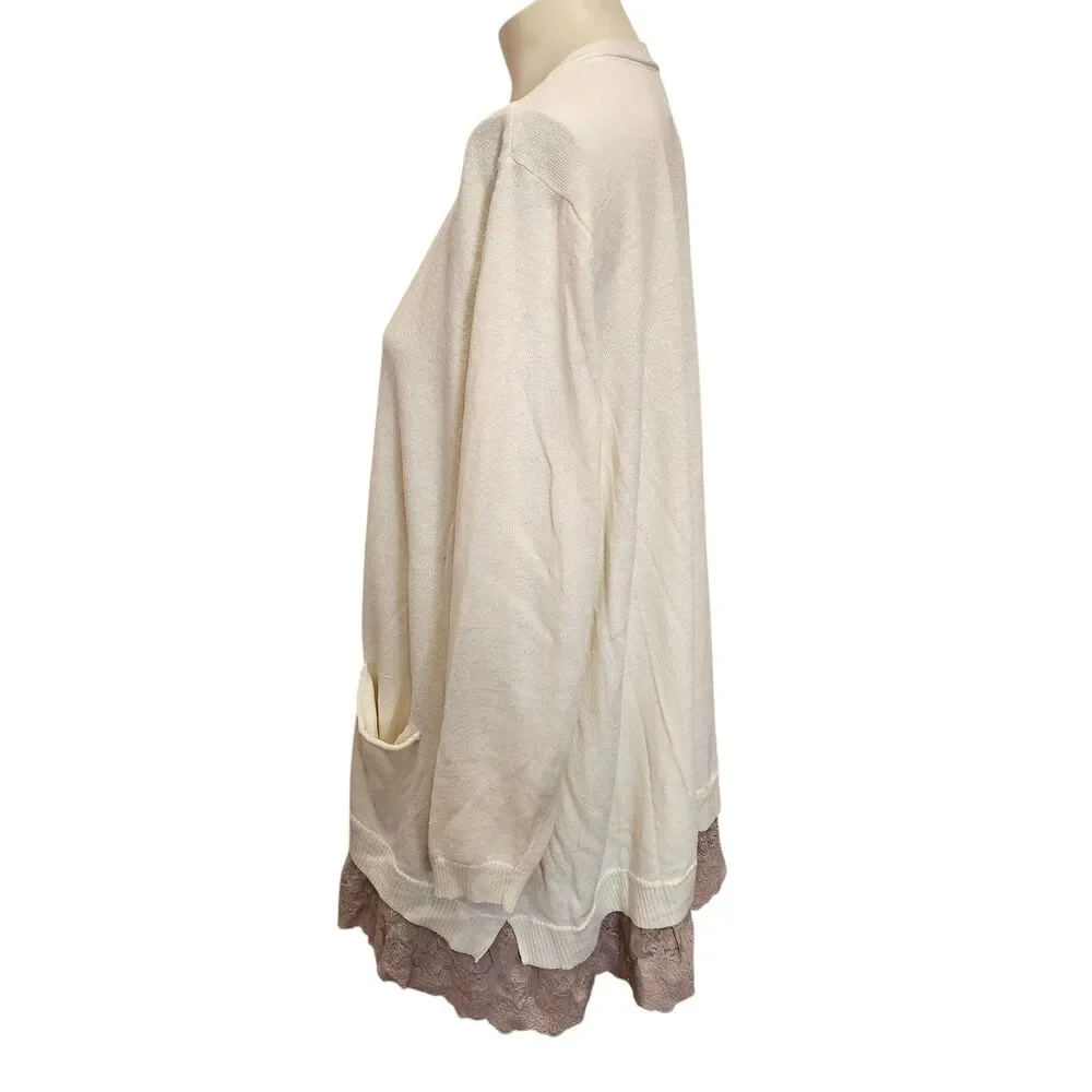 LOGO Lori Goldstein Cardigan 3X Ivory Lace Hem Button‎ Front Pockets Plus